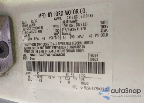 2020 Ford Transit Connect Xl из США, поврежденный, VIN NM0LS6E74L1436636